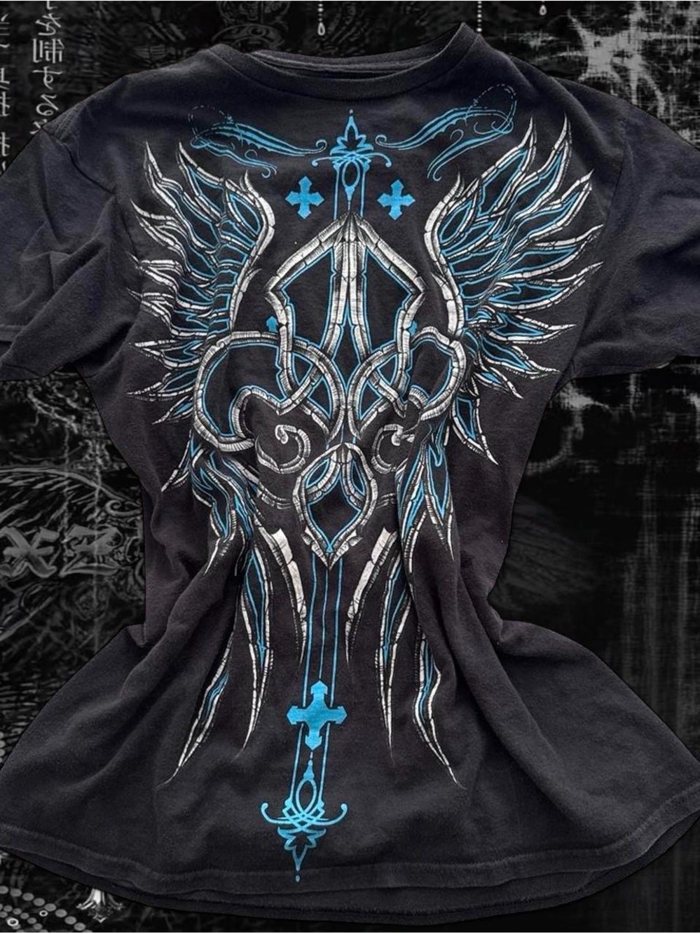 y2k goth grunge black and blue short sleeve shirt with fleur de lis angel wings